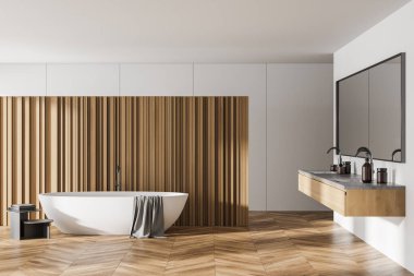 Çağdaş banyo küveti, ayna, iki lavabo, katlı bölme, meşe ağacından parke zemin. Minimalist İskandinav tasarımında rahatlamak için rahat bir yer. Model yap. 3d oluşturma