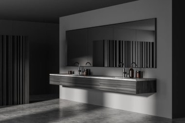 İçi iki lavabo, jel ve sabunla kaplı koyu gri banyo odası. Gri ahşap güverte ve büyük ayna. Lüks minimalist banyo, yan görüş, 3D görüntüleme