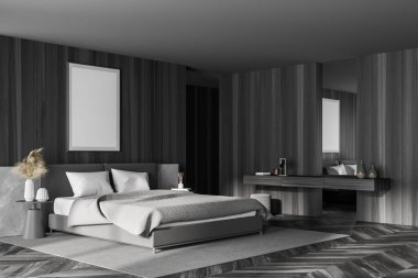 Yatak odası, yastıklar, gri parke döşemeler ve aynalı tuvalet masası. Model fotokopi çerçevesi 3 boyutlu, şık mobilyaları olan uyku odasında.