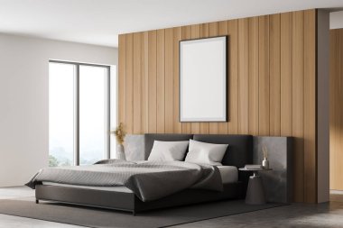 Yatak odası, yastıklar, gri döşemeler, kitaplar ve yan manzaralı kahve masası. Doğa manzaralı, 3D görüntülü, uyku odasındaki uzay çerçevesini kopyala