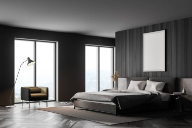 Yatak odası, yastıklar, koltuk ve lamba, gri parke zemin, yan manzara, panoramik pencereler. Model fotokopi çerçevesi 3 boyutlu, şık mobilyaları olan uyku odasında.