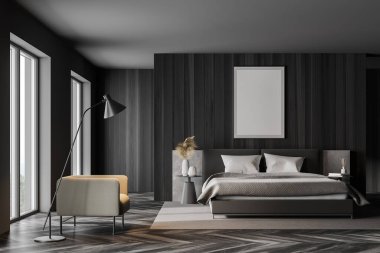 Yatak odası, yastıklar, koltuk ve lamba pencerenin yanındaki gri parke zeminde. Model fotokopi çerçevesi 3 boyutlu, şık mobilyaları olan uyku odasında.