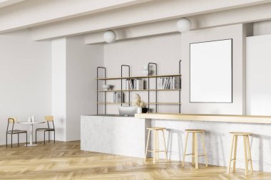 Kafeterya, üniversitede yemek odası, masa ve sandalyeli kafe, tezgah bar oteli. Okuldaki, üniversitedeki ya da ofisteki kantin. Beyaz poster fotokopi alanı oluşturun. 3d oluşturma.