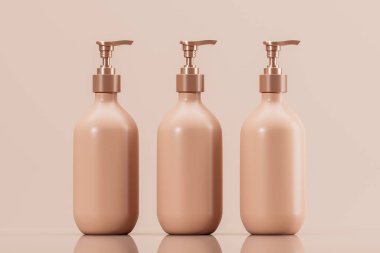 Üç kozmetik şişe seti. Pompa ve yüzen şişe, sıvı sabun, şampuan makinesi. Blank Label. Pembe arka planda krem ya da losyon. Spa konsepti. Model modeller. Uzayı kopyala 3B görüntüleme.
