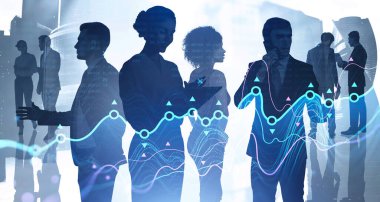 İş adamları ve borsa dinamikleri, çeşitli ofis çalışanlarının siluetleri ve iş binaları. Mavi ve menekşe çizgileri, uluslararası iletişim ve ticaret kavramı