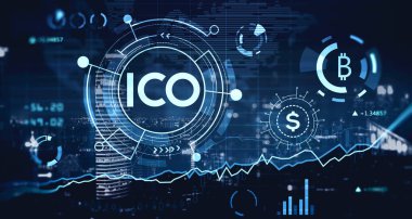 Gece Singapur şehrinin gökyüzü manzaralı kripto para birimi ICO temasına çifte maruz kalma. Dijital para kavramı.