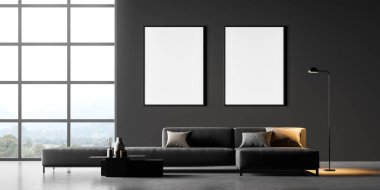 Modern ve rahat bir daire. Koyu renkli bir kanepesi, posterleri, küçük ve rahat bir sehpası ve manzarası var. Harika bir buluşma yeri. Model yap. 3d oluşturma