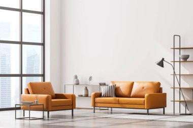 Modern oturma odası, beyaz duvar ve Singapur şehir manzaralı büyük panoramik pencere. Sarı kanepe ve koltuk, sehpa, kitaplıklar, lamba ve çekmeceler. Beton zemin. 3B görüntüleme