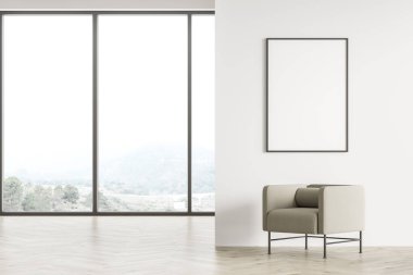 Bej koltukla döşenmiş panoramik pencereleri ve duvarında boş çerçeveli bir posteri olan açık modern oturma odası ya da sanat galerisi. Parke zemin. Sergi ve gösteri konsepti. 3B görüntüleme