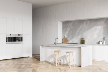 Modern çağdaş tasarım mutfak odası iç mimarisi. Tabureli yemek masası. Parke döşeme. Beyaz ve ahşap malzeme. 3d oluşturma