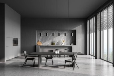 Modern çağdaş tasarım mutfak odası iç mimarisi. Sandalyeli yemek masası. Panoramik pencereler. Koyu gri ve beton malzeme. 3d oluşturma