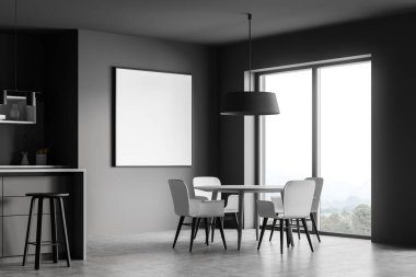 Gri mutfak odası, masa ve beyaz sandalyeler, yan manzara, gri zeminin yanındaki pencere. Mutfak içi gri minimalist tasarım ile döşenmiş. Model Boşluk Kare posteri, 3B oluşturma
