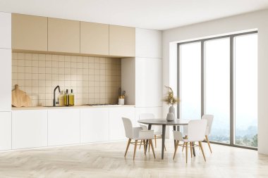 Modern mutfak, panoramik pencereli yemek alanı. Yemek için masa ve sandalyelerle döşenmiş. Parke zemin. 3d oluşturma.