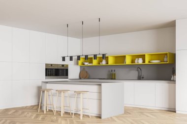 Ahşap mutfak odası, masa ve bar sandalyeleri, yan görüş, ahşap zemin. Mutfak seti sarı ve beyaz dizaynlı raf ve mutfak gereçleri, 3 boyutlu