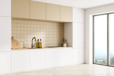 Mutfak malzemeleriyle donatılmış modern bir mutfak. Parke zemin ve kırsal ve tepe manzaralı panoramik pencere. Duvarda beyaz cepheler ve bej seramik fayanslar var. 3d oluşturma.