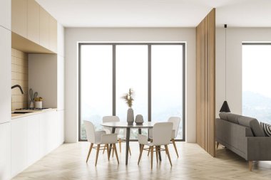 Modern mutfak, yemek odası ve panoramik pencereli kırsal ve tepe manzaralı oturma odası. Yemek için masa ve sandalyelerle döşenmiş, bej kanepe. 3d oluşturma.