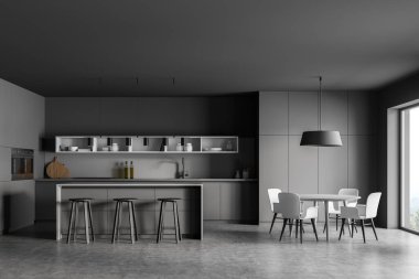 Gri mutfak odası, yemek masası ve bar sandalyeleri, gri beton zemin. Mutfak seti pencere, gri ve beyaz mobilya ve mutfak gereçleri, 3D görüntüleme