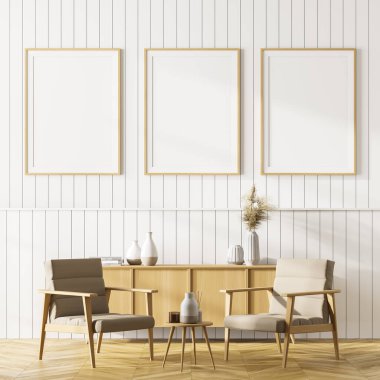 Parlak oturma odasının içinde duvarda üç poster, rahat koltuklar, rahat büfe ve küçük kahve masası. Zemin meşe ağacından parkeden yapılmıştır. Model yap. 3d oluşturma