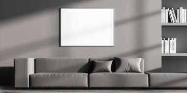 Modern bekleme odasının içinde gri duvarında beyaz bir poster, büyük rahat bir kanepe, beton zemin ve kitaplık var. Çağdaş İskandinav minimalist tasarım konsepti. Model yap. 3d oluşturma