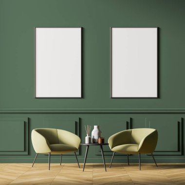 Bekleme odasının içinde yeşil duvarda üst üste iki poster, rahat bej koltuklar ve küçük rahat kahve masası. Zemin meşe ağacından parkeden yapılmıştır. Model yap. 3d oluşturma