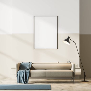 Parlak İskandinav oturma odasının içinde meşe ağacından parke zemininde bej bir kanepe ve beyaz duvarda boş çerçeveli poster var. Konforlu dairenin modern tasarımı. Model yap. 3d oluşturma