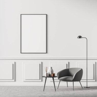 Oturma odasının içinde beyaz duvarda bir poster, rahat gri koltuk ve küçük rahat kahve masası var. Zemin betondan yapılmış. Minimalist stil tasarımı. Model yap. 3d oluşturma