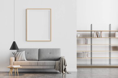 Beyaz duvarında boş bir poster, rahat gri kanepe ve kitaplık olan parlak, modern bir oturma odası. Lüks mermer zemin. İskandinav minimalist yaratıcı tasarım. Model yap. 3d oluşturma.