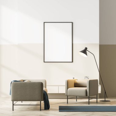 Parlak çağdaş bekleme odası, meşe ağacından parke zemininde iki bej koltuk ve beyaz duvarda boş çerçeveli poster. İskandinav tarzı konsept daire tasarımı. Model yap. 3d oluşturma