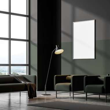 Parlak çağdaş oturma odası, yeşil kanepe ve beton zeminde iki koltuk, beyaz poster ve kırsal manzaralı panoramik pencere. Modern apartman tasarımı. Model yap. 3d oluşturma