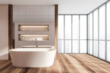 Beyaz küveti, aksesuarları, jelleri ve sabunu olan bir banyo. Parke zemin ve panoramik pencereli ayna duvarı. Modern stil oda iç mimarisi, 3D görüntüleme