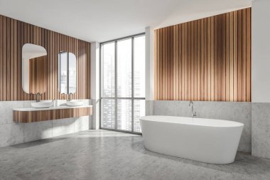 Lavabolu banyo ve şehir manzaralı beyaz küvet beton zemin ve ahşap duvar. İki aynalı, jel ve sabunlu, 3D işlemeli modern bir oda.