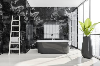 İçinde gri küvet ve beyaz parke üzerine beyaz merdiven olan koyu lüks bir iç mekan, siyah fayanslı duvarlar. Şehir manzaralı bir pencere, şık bir banyo odası, 3 boyutlu, kimseyi yansıtmayan.