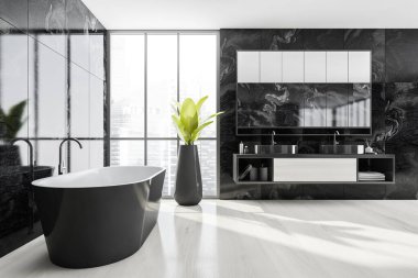 Beyaz küvetli, içi aydınlık ve iki lavabolu, çekmecesi ve aynası olan, yan manzaralı. Gökdelenlerin manzaralı penceresi, modern banyo, 3D 'de hiç insan yok.