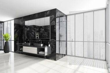 Banyo ve beyaz parke zemin, siyah fayanslı duvar ve duş odası, yan görüş. Minimalist iç mekan ve şehir manzarası gökdelenler, 3D, kimseyi göstermiyor