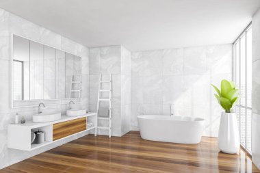 Banyo ve parke zemin, beyaz fayanslı duvar, iki lavabo ve merdivende havlu olan beyaz küvet. Minimalist banyo, iç mekan ve şehir manzarası, 3D, kimseyi göstermiyor.