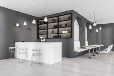 Halka açık bir yerde gri yemek odası, beyaz parke zemininde mobilyalar, barın iç kısmının minimalist tasarımı. Tabaklarla dolu bar sandalyeleri ve raflar, 3 boyutlu, insan yok.
