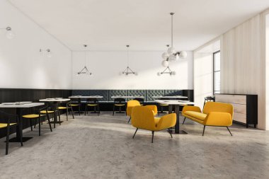 Sandalyeleri, masası, sarı koltukları ve rafı olan modern lüks bir kafe. Kamu restoranının beton ve ahşap tasarımı. Koltuklar, pencereler ve lambalar. 3B görüntüleme