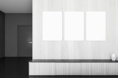 Modern iç mekan. Çekmecenin üstündeki açık ahşap duvarda resim posterleri vazo ve kitaplar, ev dairesindeki minimalist sanat odası, 3D 'de hiç kimse yok.