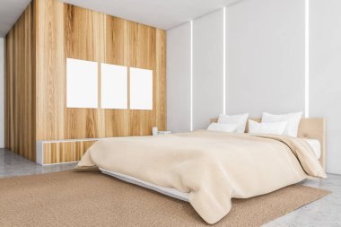 Ahşap yatak odasının içinde boş tuval posterler beton zeminde mobilyalar, yan manzara. Duvarda arka ışık ve çekmecede büyük afiş var. 3D, kimseyi göstermiyor.