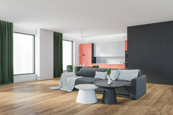 Открытое пространство домашнего интерьера с серым диваном на паркетном полу, вид сбоку. Кухня полки и обеденный стол с креслами, вид на город на небоскребы, 3D рендеринг нет людей