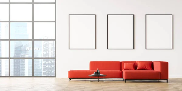 Modern room interior with three canvas. Cozy red couch harmonizes with white wall. Panoramic window, skyscrapers view and posters make a contemporary place for meeting. 3d rendering. Mock up.