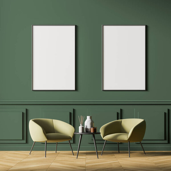 Интерьер комнаты ожидания с двумя плакатами подряд на зеленой стене, удобные бежевые кресла и небольшой уютный журнальный столик. Пол выполнен из дубового деревянного паркета. Нарисуй. 3d-рендеринг