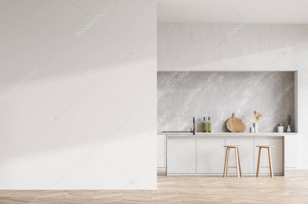 Modern contemporary design kitchen room interior. Dining island with two stools. Parquet flooring. White and wood material. Mock up wall copy space. 3d rendering