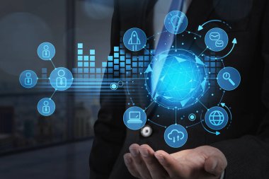 Ofisteki adam mavi Hud hologramı, ofis içi ile çifte temas, ağ iletişimi ve veri servisi. Küresel iletişim ağı yöneticisi ve kişisel bilgi