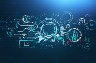 Dijital arayüzün hologramını dünya simgeleri ve şamdanlarla daire içine al. Fütürist teknoloji ve yenilik, uluslararası finans sektörünün gelişimi üzerinde etkili. İşbirliği kavramı