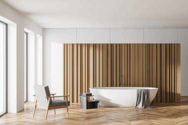 Çağdaş banyo küveti, gri koltuk, kaplanmış bölme, panoramik pencere, ahşap parke zemin. Minimalist tasarımda rahatlamak için rahat bir yer. Model yap. 3d oluşturma