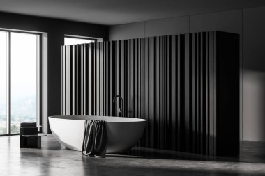 Koyu gri banyo odası, gri beton zeminde beyaz küvet, yan görüş, siyah havlu masası. Lüks minimalist banyo iç mimarisi modern mobilyalar ve panoramik manzara, 3D görüntüleme