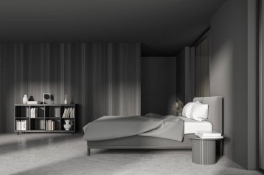 İçinde yastıklar ve beton zeminde çarşaflar olan gri yatak odası dekorasyonlu kitaplık ve kitaplarla dolu kahve masası. Mobilyalı bir uyku odası, 3 boyutlu görüntüleme.