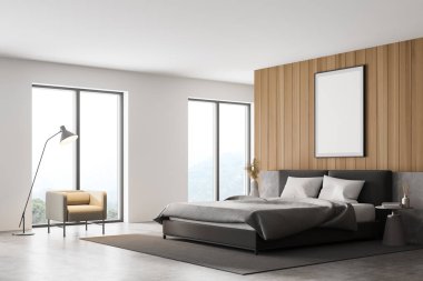 Yatak odası, yastıklar, koltuklar ve lambalar panoramik pencerelerin yanındaki gri beton zeminde. Model fotokopi çerçevesi 3 boyutlu, şık mobilyaları olan uyku odasında.