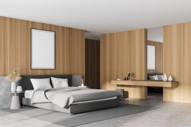 Yatak odası, yastıklar, gri beton döşemeler ve aynalı tuvalet masası, yan görüş. Model fotokopi çerçevesi 3 boyutlu, şık mobilyaları olan uyku odasında.